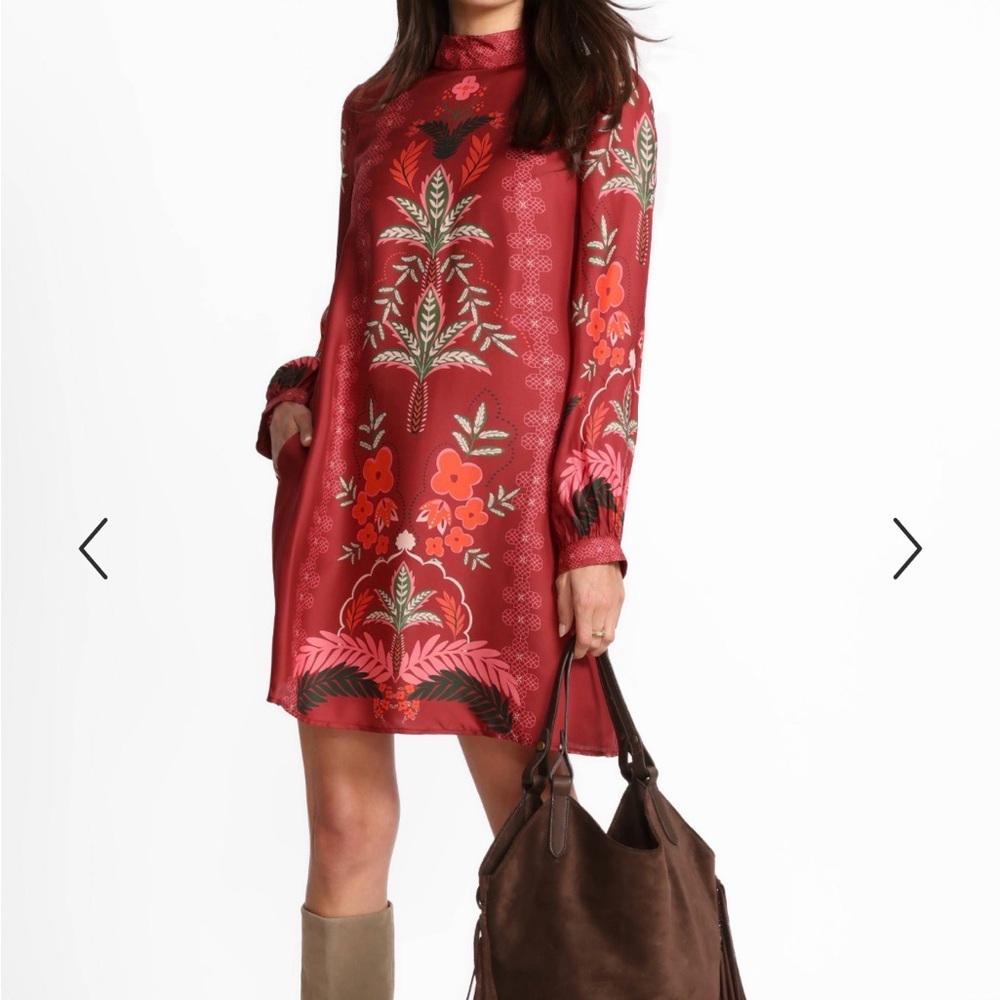 Johnny Was Red Floral High-Neck Long Sleeve Shift Dress